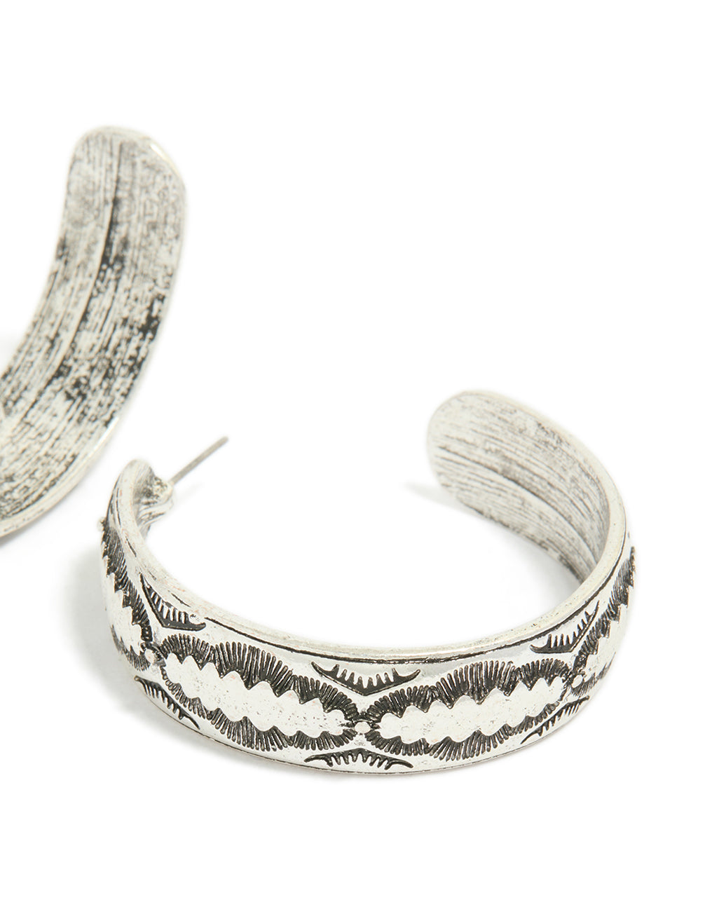 Beautiful antique silver textured hoop earrings highlighting the earring clasp mechanism in post detail view