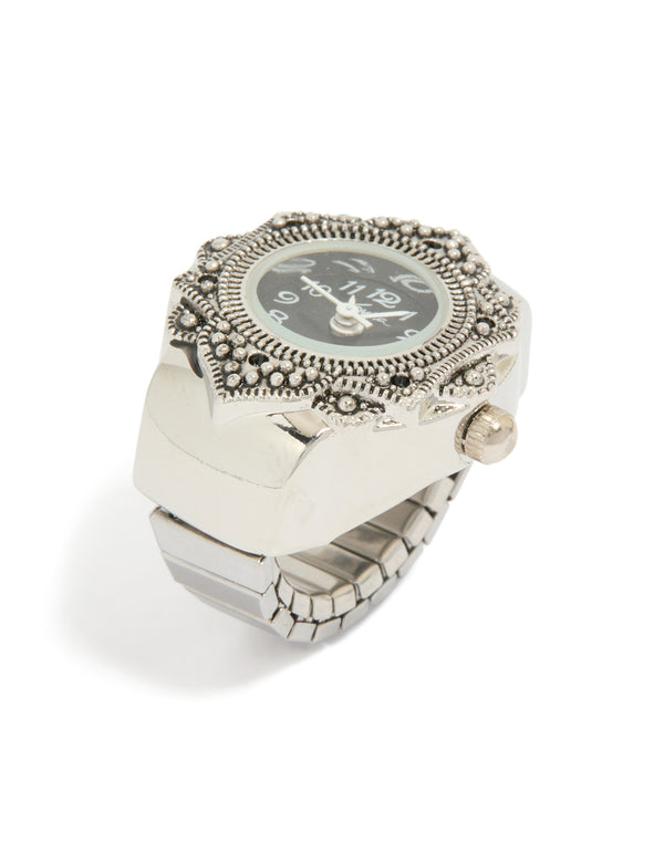 Showcasing a statement watch ring with black dial, round shape designed for women in casual analog style, crafted from stainless steel with link band in silver front view
