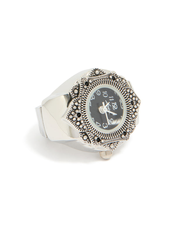 Showcasing a statement watch ring with black dial, round shape designed for women in casual analog style, crafted from stainless steel with link band in silver front view