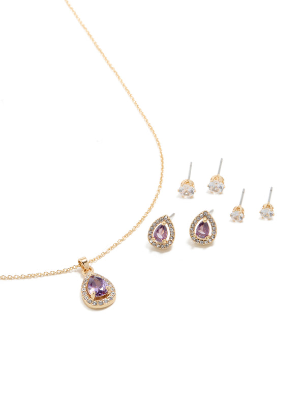 Gold Purple Cubic Zirconia Necklace & Earrings Set
