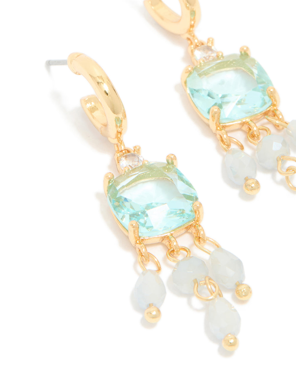 Gold Plated Blue Cubic Zirconia & Stones Square Drop Detail Earrings