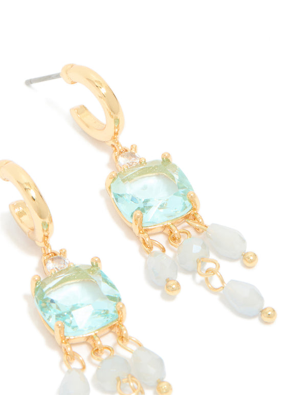 Gold Plated Blue Cubic Zirconia & Stones Square Drop Detail Earrings