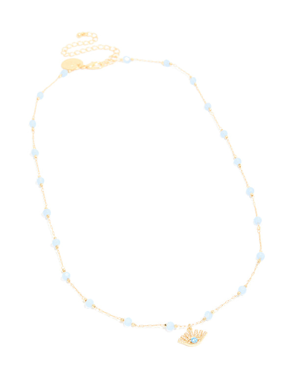 Gold Plated Blue Beaded & Evil Eye Pendant Necklace