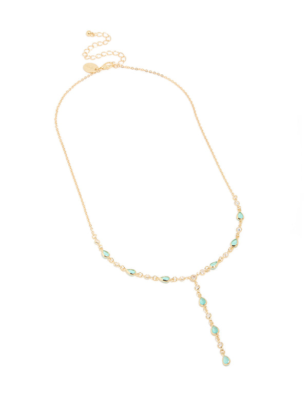 Gold Plated Blue Cubic Zirconia Alternating Oval Y-Necklace