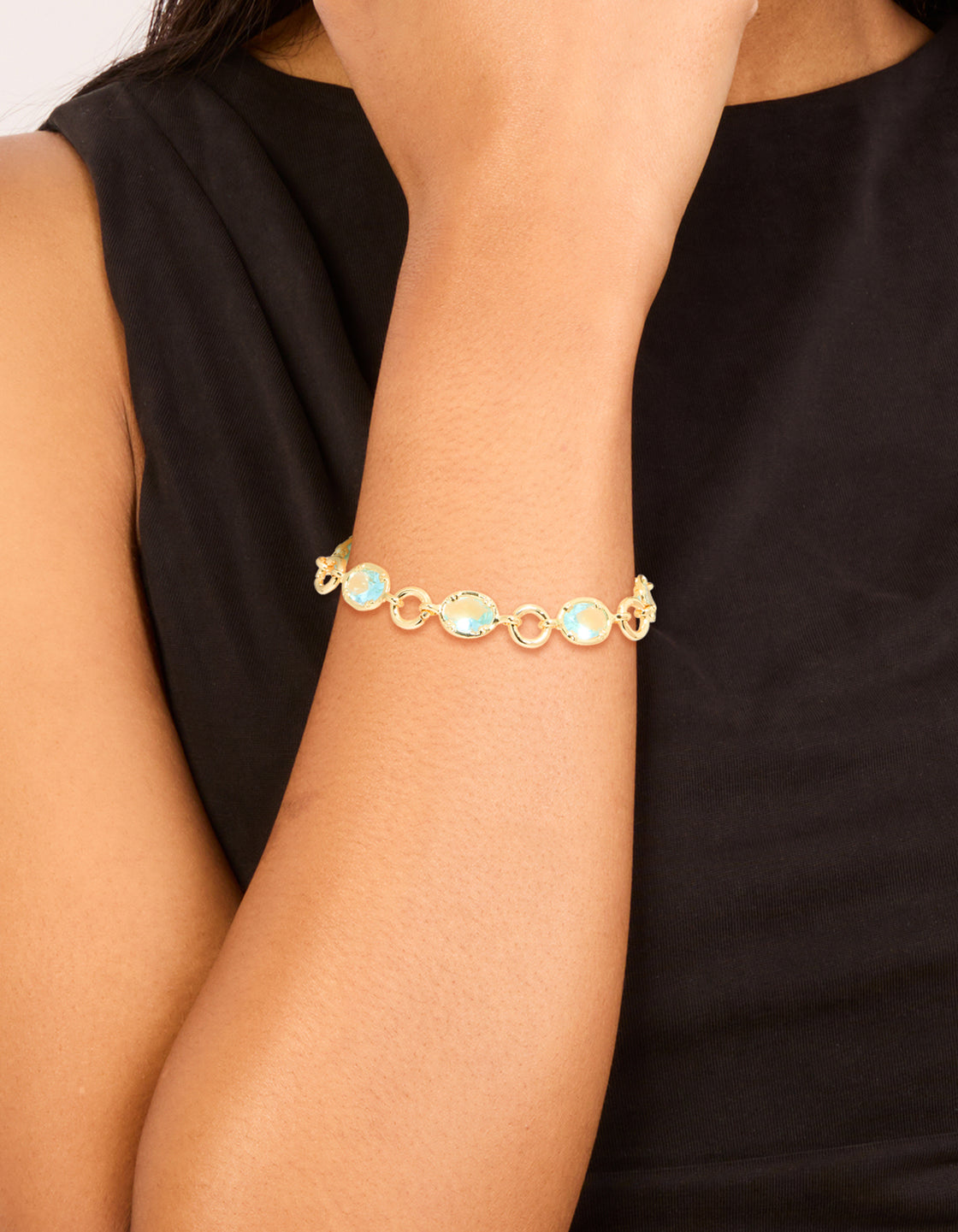 Gold Plated Aqua Cubic Zirconia Large Toggle Bracelet