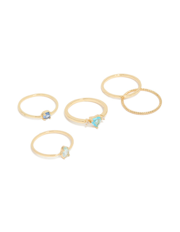 Gold Plated Blue Cubic Zirconia & Bubble Rings 5-Pack