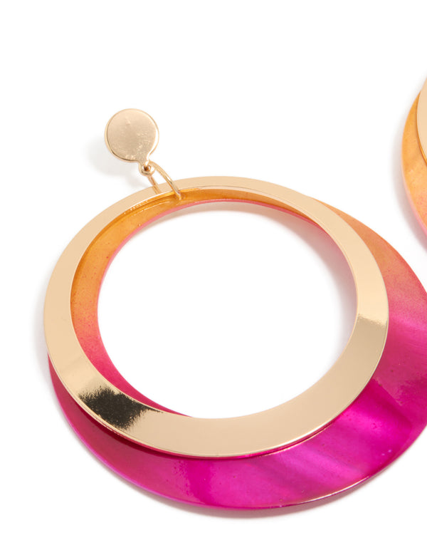 Gold Two Tone Pink Shell Open Disc Drop Earrings