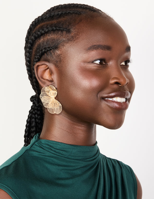 Gold Small Wire Petal Stud Earrings