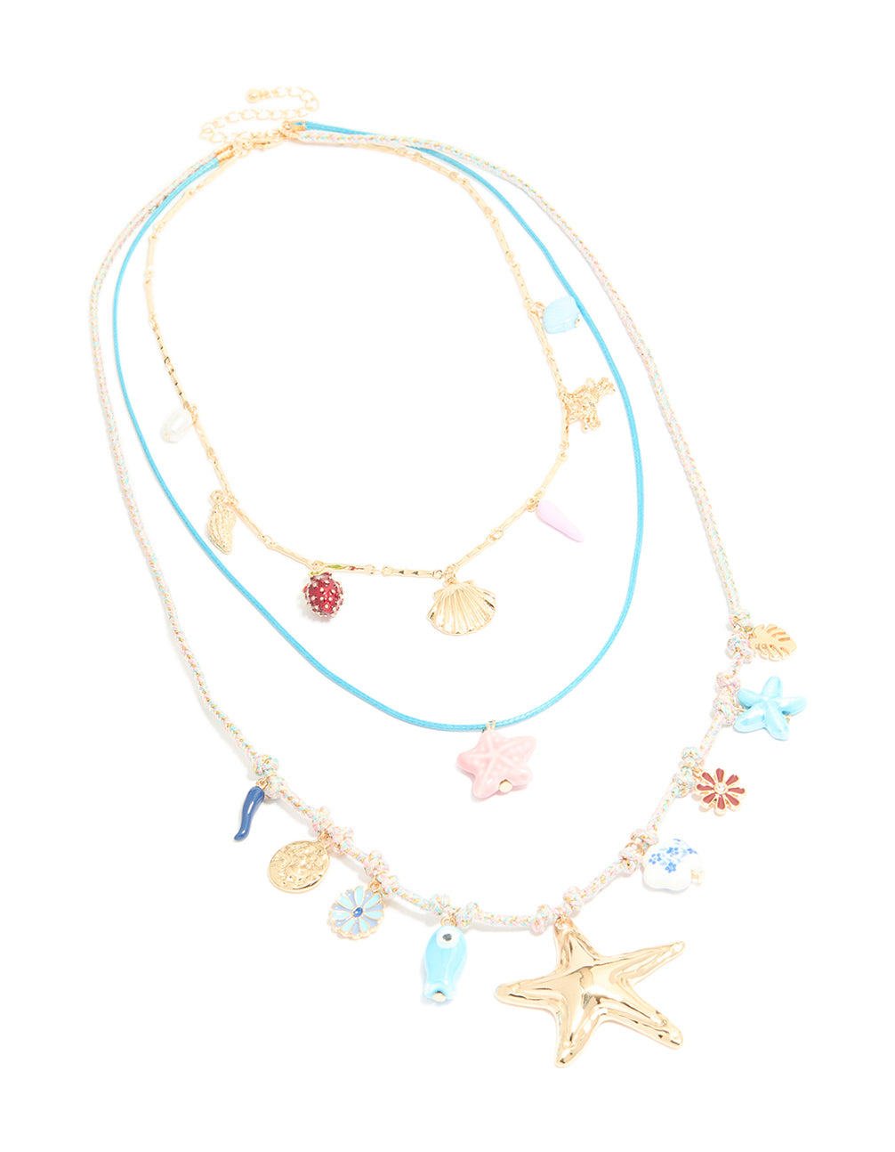 Gold Blue Cord Sea Charm Layered Necklace
