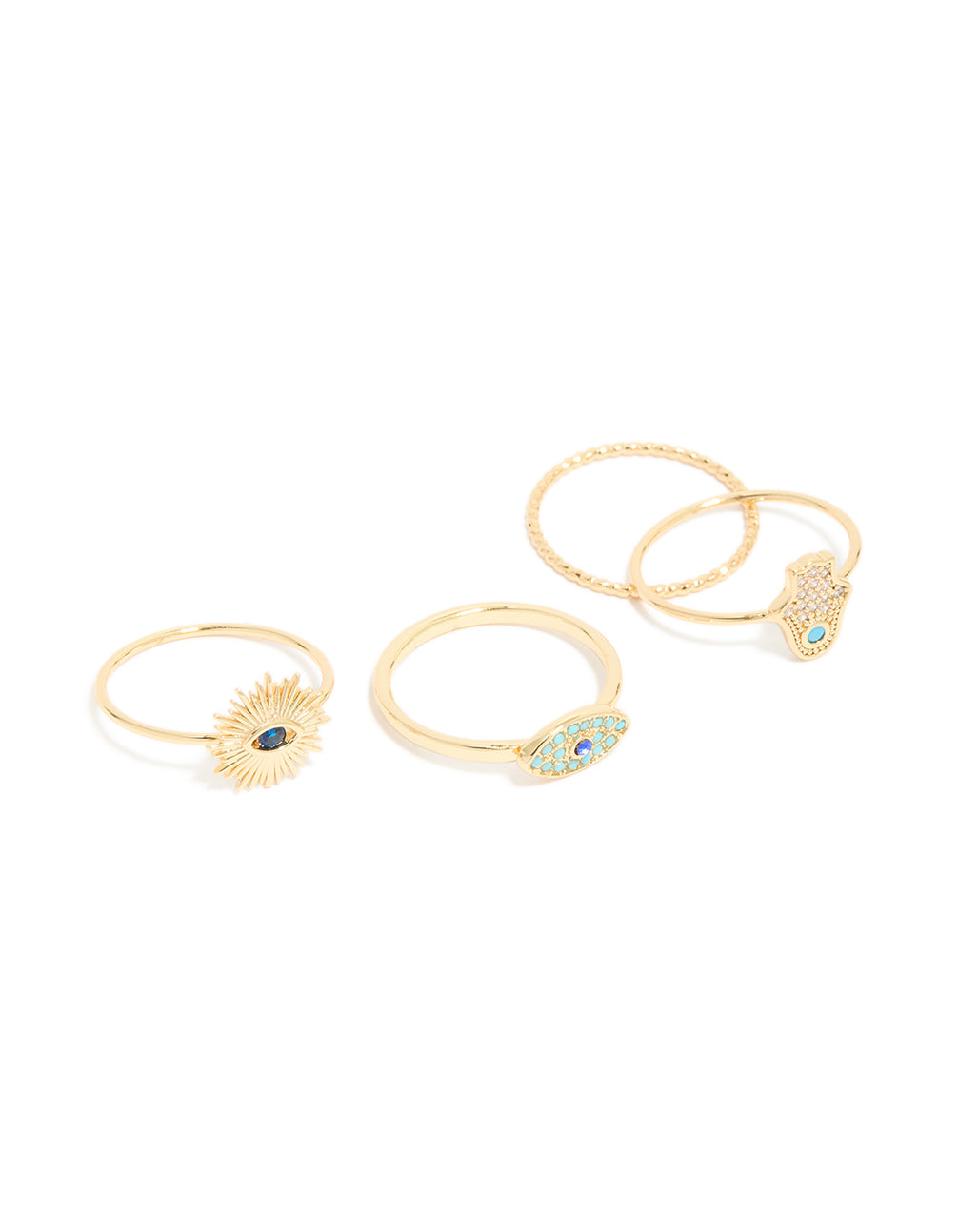 Showcasing a gold plated cubic zirconia evil eye and hamsa hand rings 4-pack featuring celestial sun motifs, crafted from crystal in statement style front view