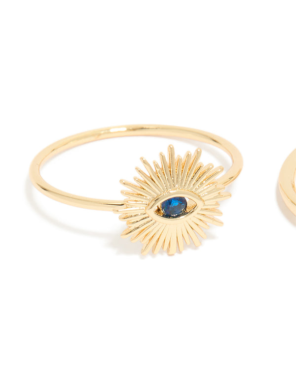 Crafted from gold plated cubic zirconia, this evil eye and hamsa hand rings 4-pack features celestial sun motifs in crystal and statement style side detail view