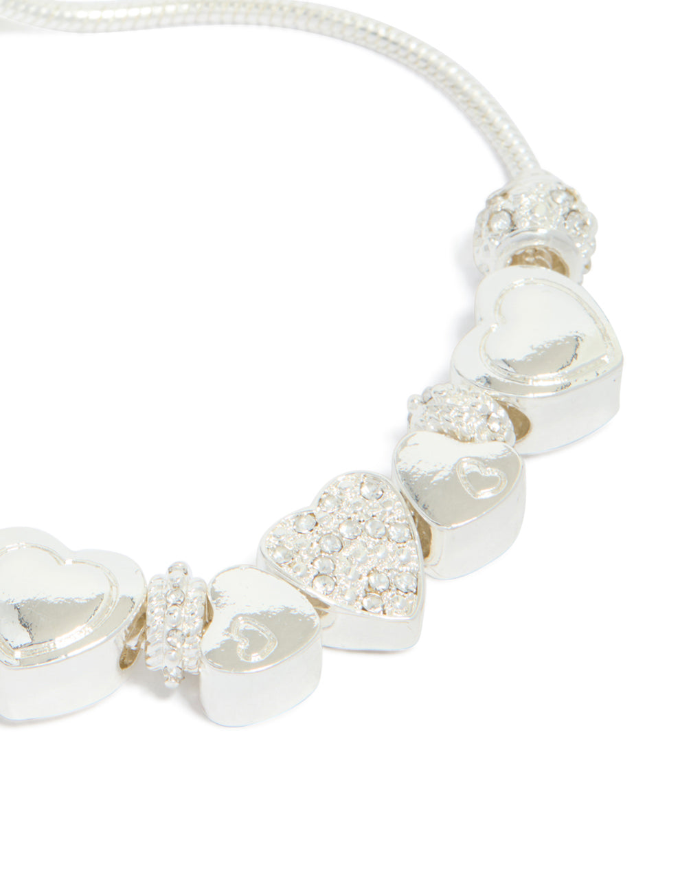 Crafted with silver diamante heart charm and balls designed with toggle closure close up view
