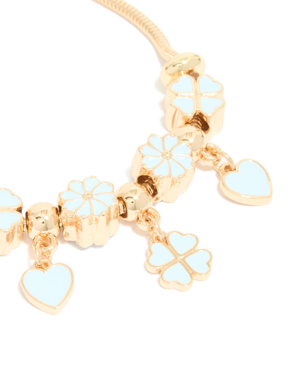 Gold Blue Clover & Heart Charm Toggle Bracelet