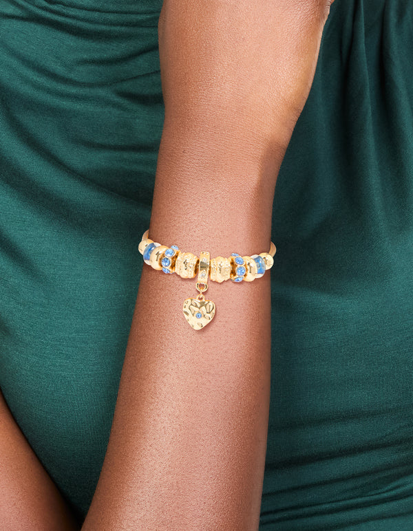 Gold Blue Diamante & Molten Heart Charm Toggle Bracelet