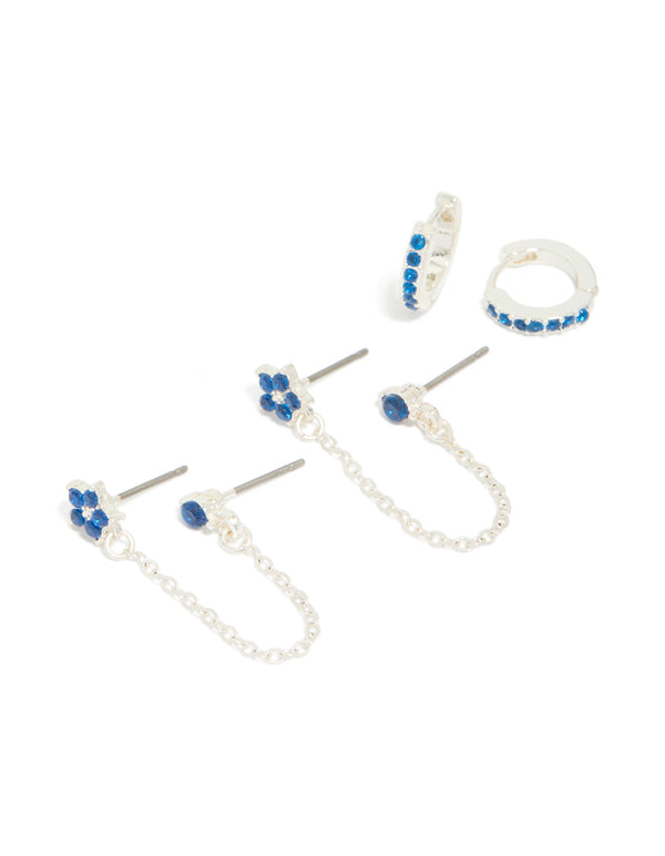 Silver Blue Cubic Zirconia Chain Flower & Huggie Earrings 3-Pack