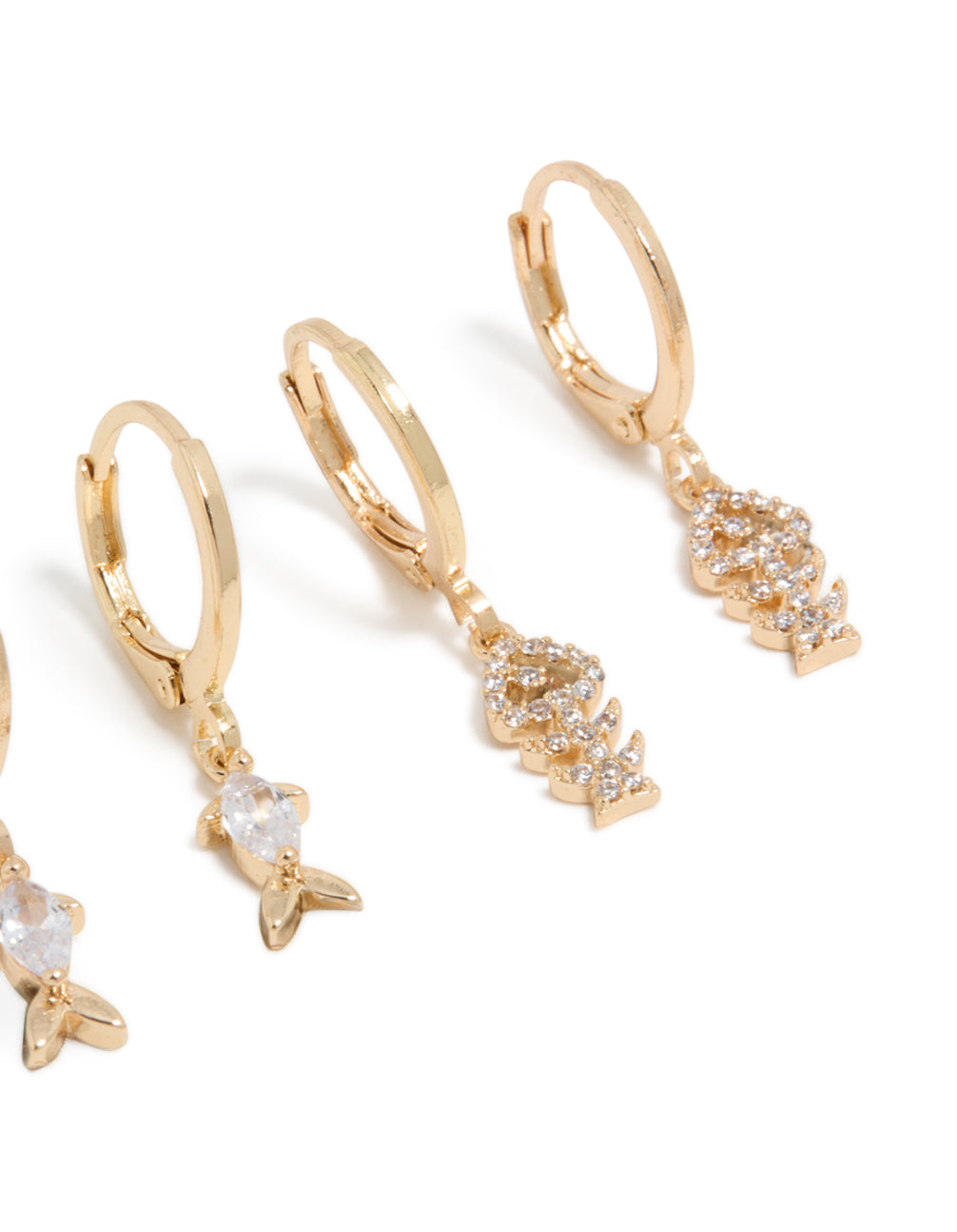 Featuring gold fish cubic zirconia huggie and stud earrings 3-pack with ocean elements post detail view