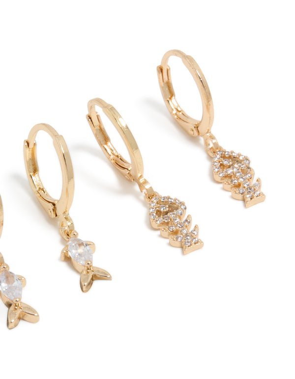 Gold Fish Cubic Zirconia Huggie & Stud Earrings 3-Pack