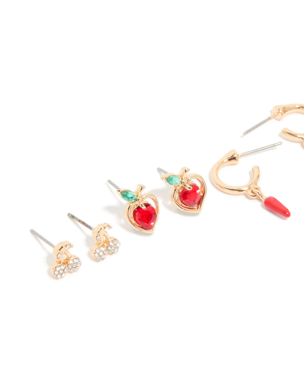 Detailed look at gold diamante fruit earrings 5-pack with hoop and stud closures close up view