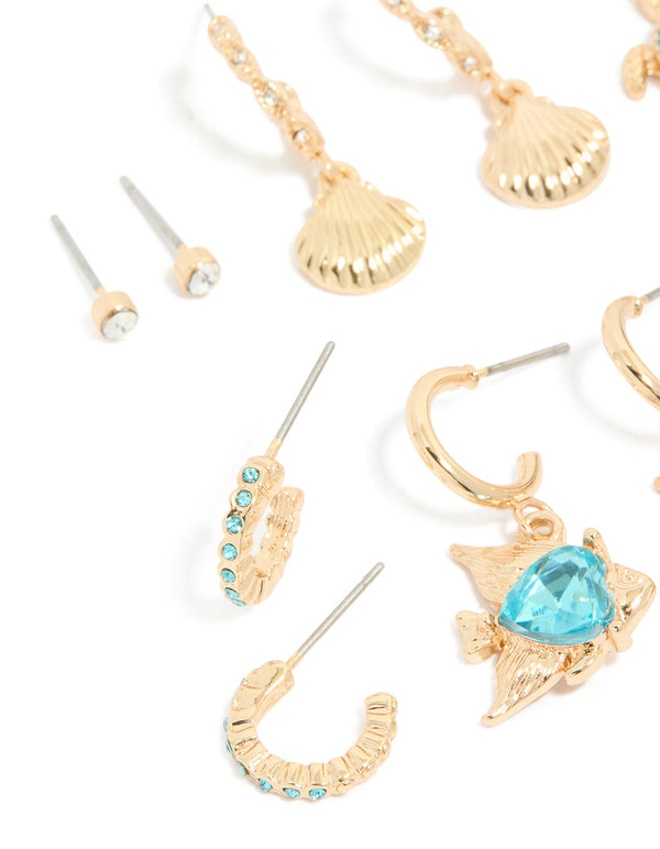 Gold Aqua Diamante Stingray & Sea Life Earrings 6-Pack