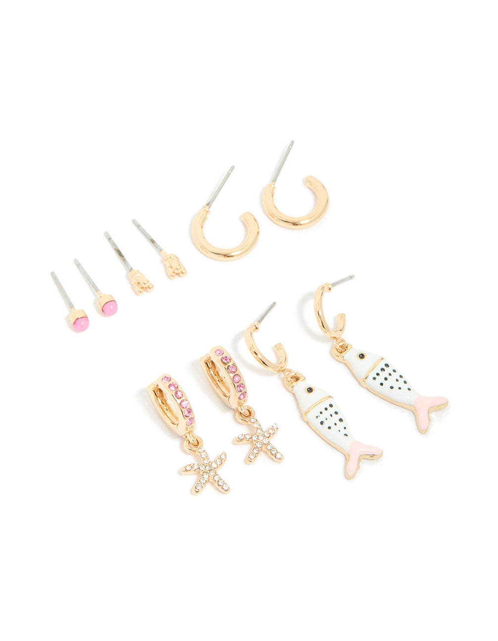 Discover this 5-pack of gold pink and enamel fish earrings featuring animal ocean accents in white black, huggie, stud & hoop closures in front view