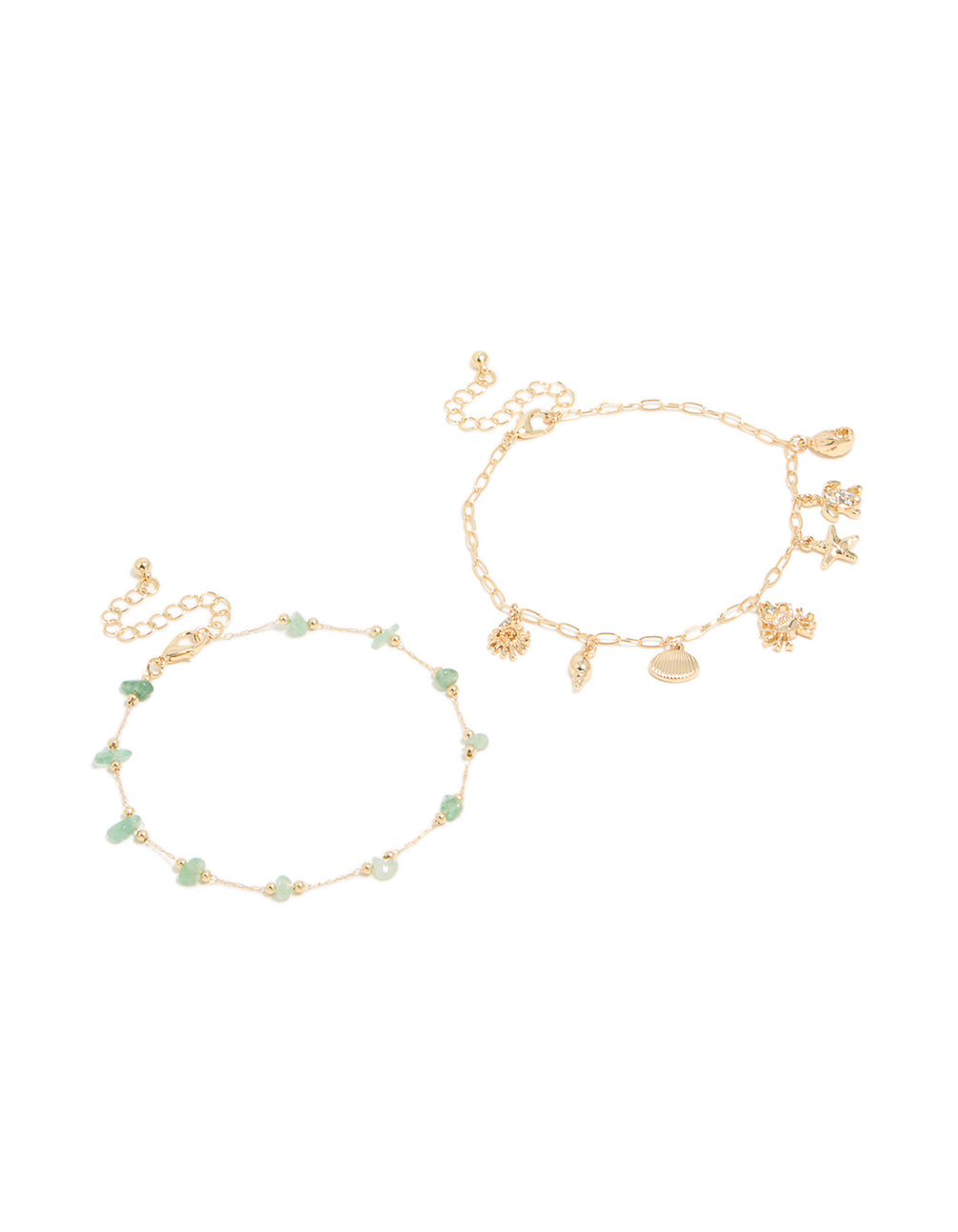 Discover this gold semi precious stone and sea charm anklet 2-pack featuring details with beads, shell, sun motifs, and ocean-inspired styling in a anklets front view