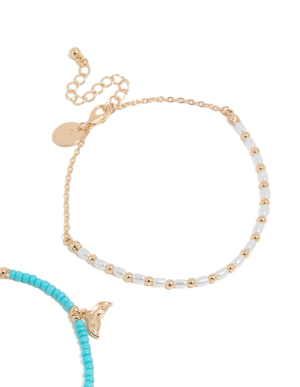 Stunning turquoise and white beaded anklets with ocean-inspired shell charms featuring pearl accents in gold, 2-pack bracelets side view