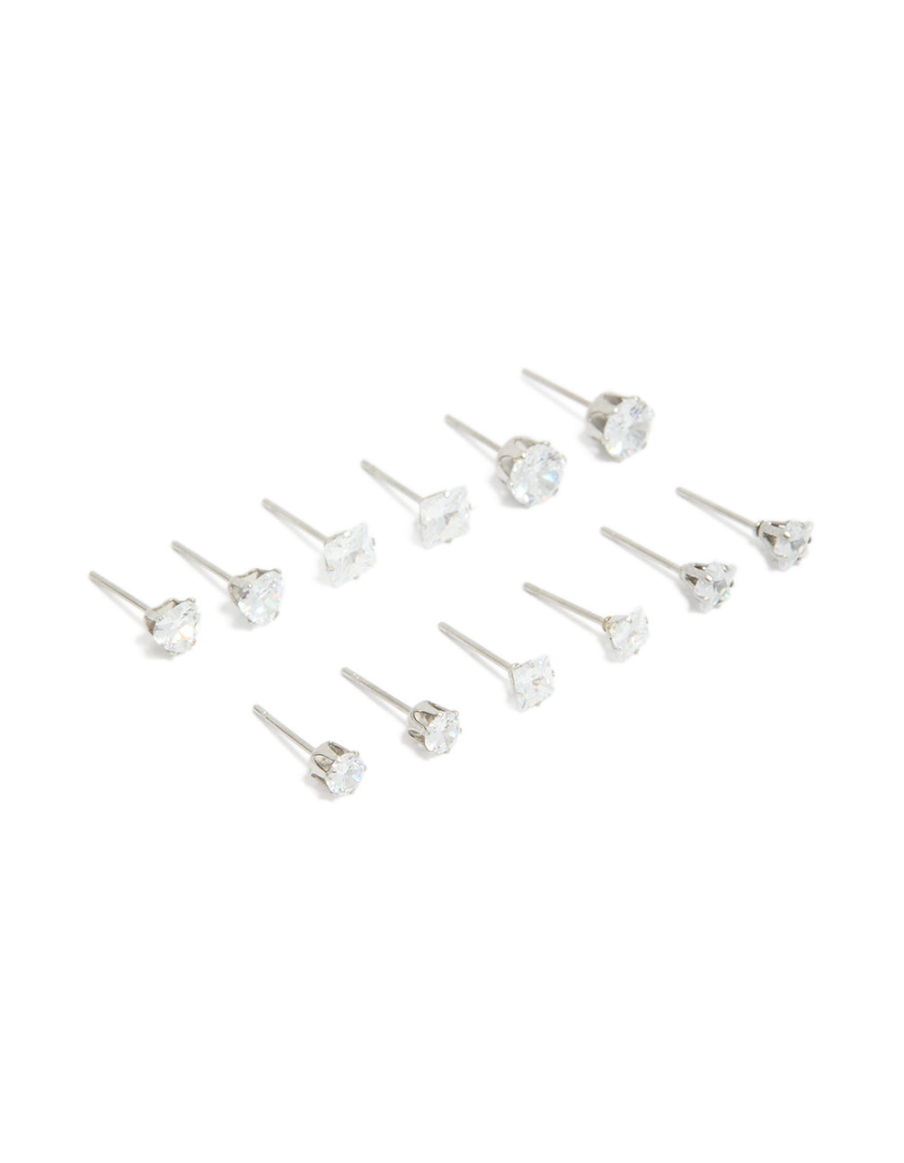 Showcasing waterproof stainless steel cubic zirconia essential stud earrings 6-pack with round stone cut and crystal in clear front view