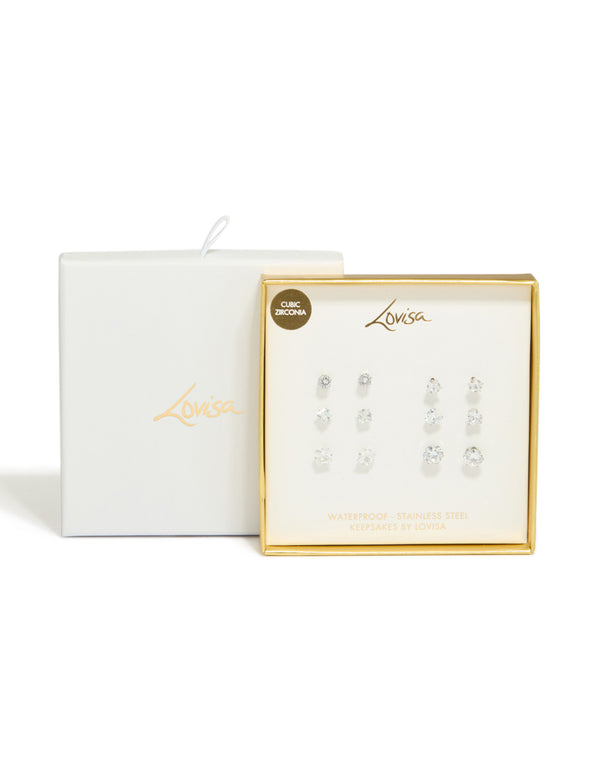 Showcasing waterproof stainless steel cubic zirconia essential stud earrings 6-pack with round stone cut and crystal in clear front view