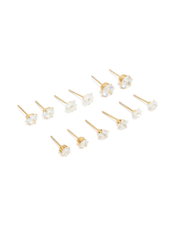 Waterproof Gold Plated Stainless Steel Cubic Zirconia Essential Stud Earrings 6-Pack