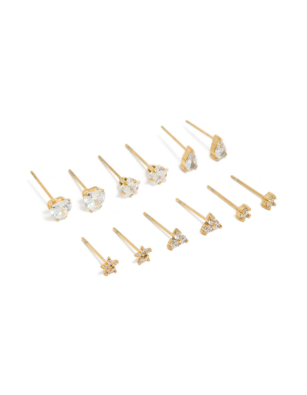 Waterproof Gold Plated Stainless Steel Cubic Zirconia Stud Earrings 6-Pack