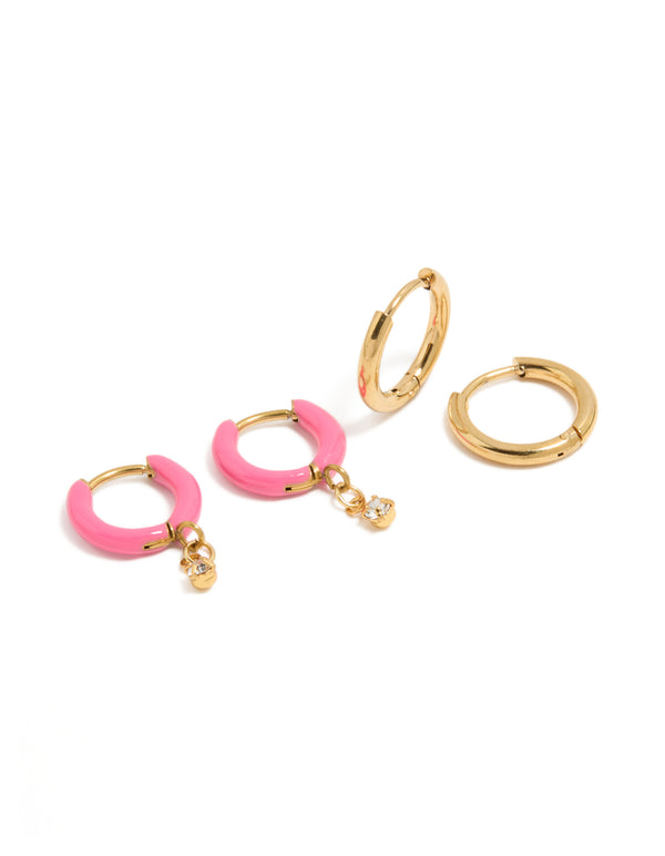 Waterproof Gold Plated Stainless Steel Pink Enamel & Cubic Zirconia Huggie Earrings 2-Pack