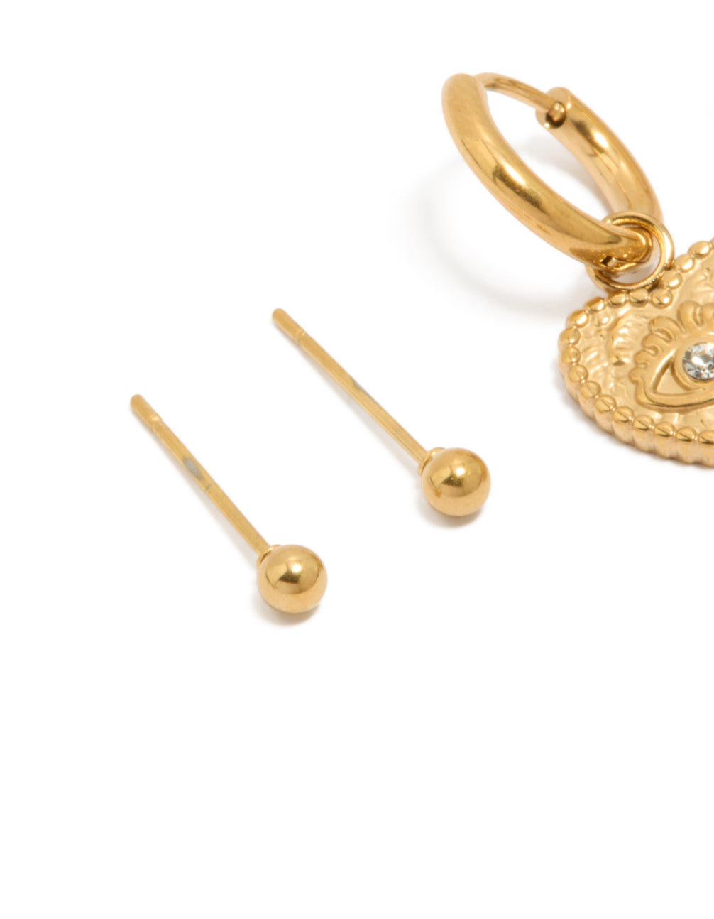 Designed with waterproof gold plated stainless steel, heart evil eye huggie and ball stud earrings in a 2-pack close up view