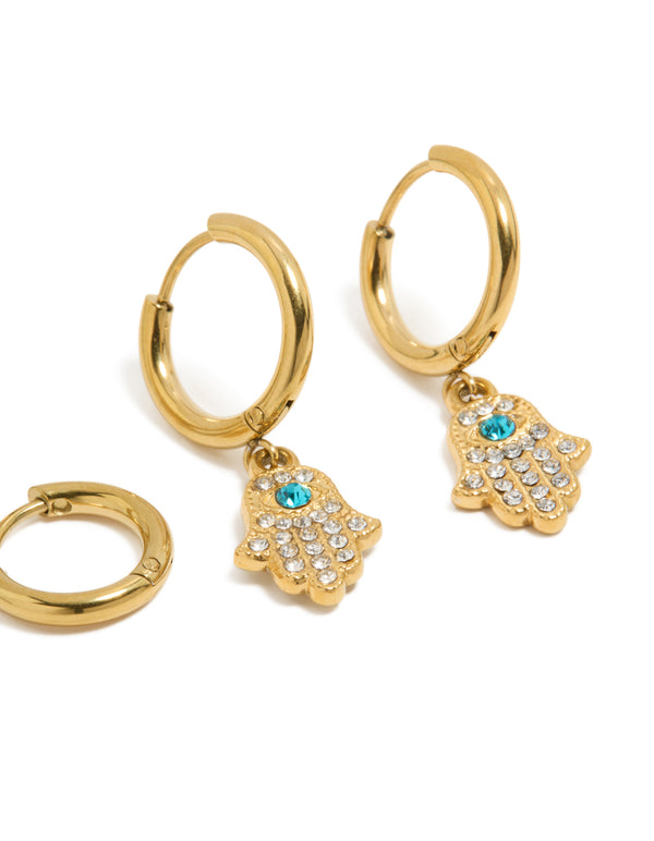 Waterproof Gold Plated Stainless Steel Evil Eye Diamante Earrings 2-Pack