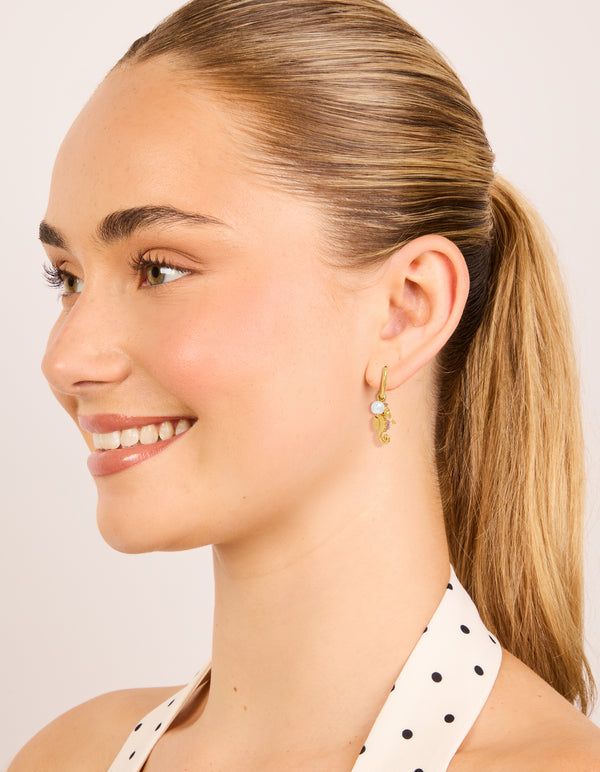 Waterproof Gold Plated Stainless Steel Seahorse Pearl Charm Huggie Earrings