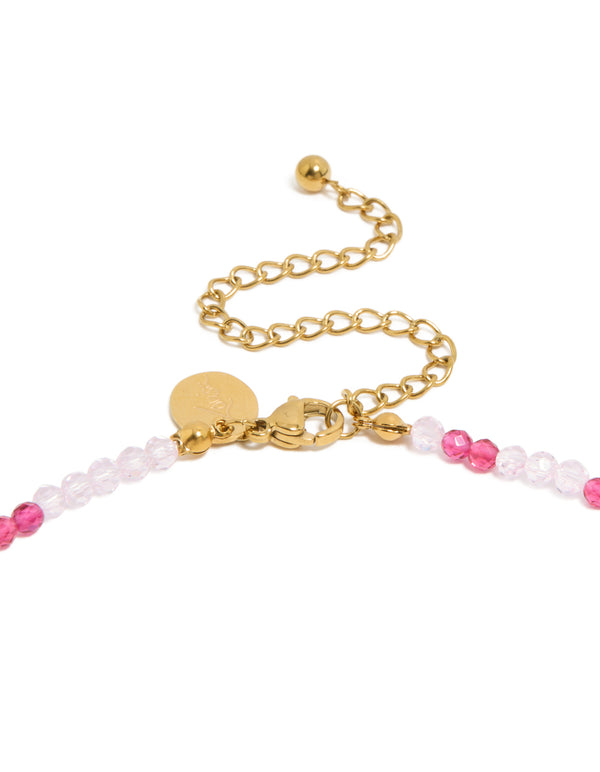 Waterproof Gold Plated Stainless Steel Pink Face Beaded & Pearl Necklace