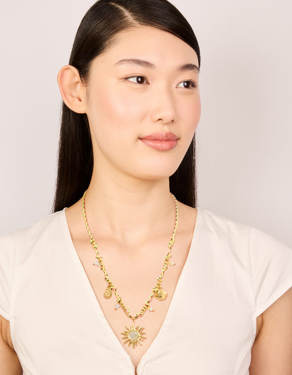 Waterproof Gold Plated Stainless Steel Diamante Multicoloured Cord Charm Necklace