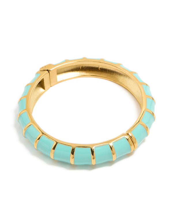 Waterproof Gold Plated Stainless Steel Ribbed Blue Enamel Bangle