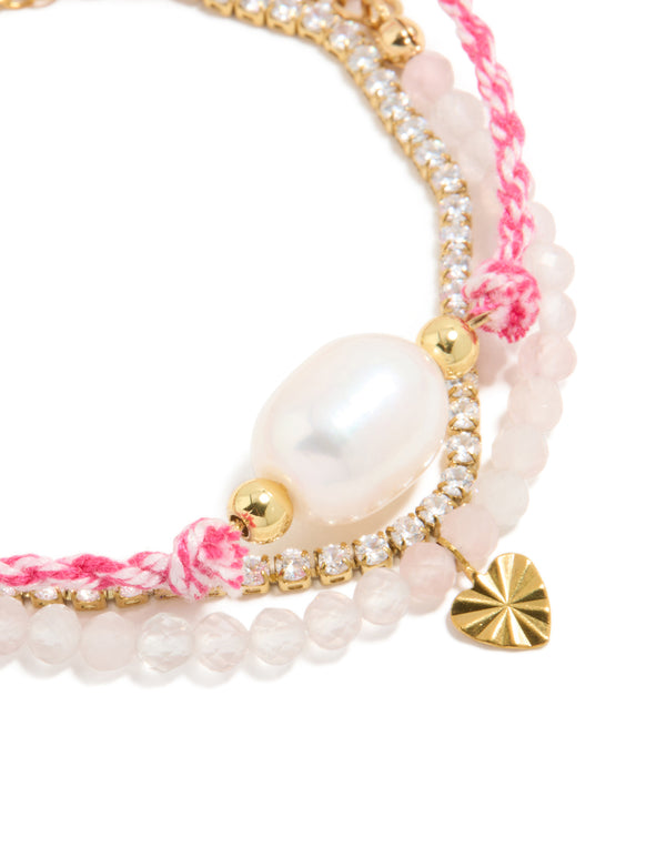 Waterproof Gold Plated Stainless Steel Freshwater Pearl & Tennis Bracelets 3-Pack