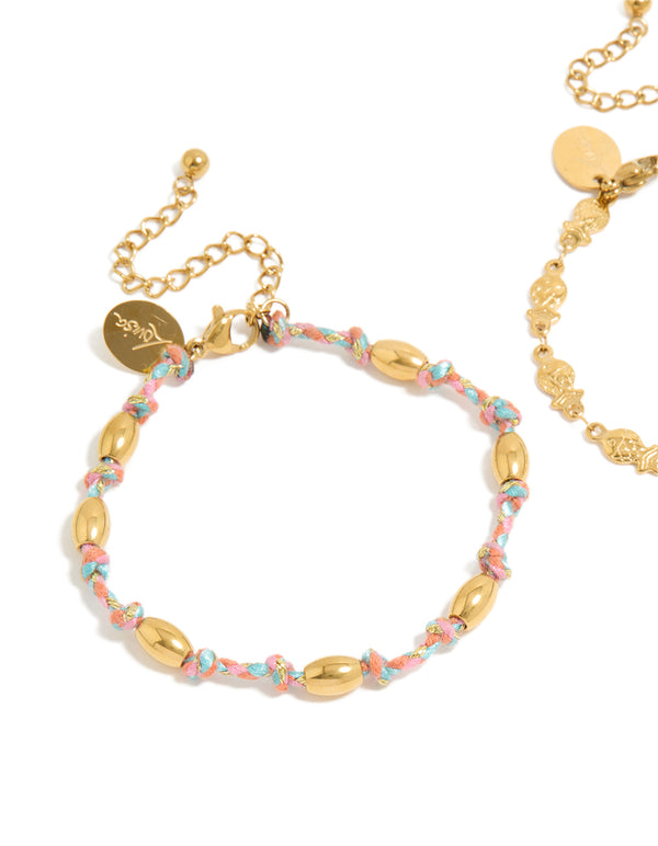 Waterproof Gold Plated Stainless Steel Pink Cord & Fish Bracelets 2-Pack