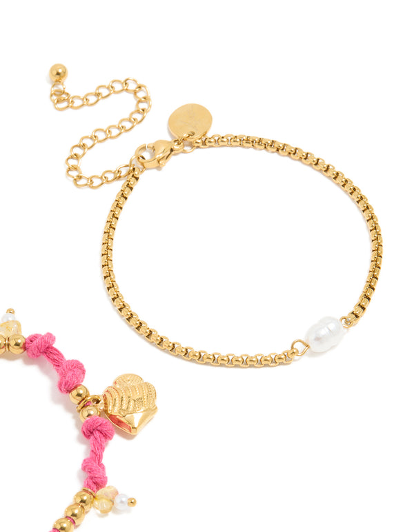 Waterproof Gold Plated Stainless Steel Pearl & Sea Charm Cord Bracelets 2-Pack
