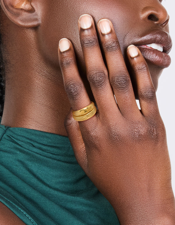 Featuring waterproof gold plated stainless steel plain and ribbed rings in a 2-pack on finger view