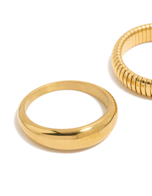 Designed with waterproof gold plated stainless steel plain and ribbed rings in a 2-pack close up view