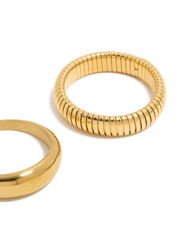 Designed with waterproof gold plated stainless steel plain and ribbed rings in a 2-pack close up view