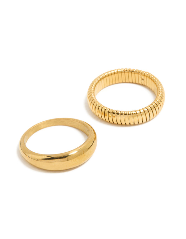 Showcasing waterproof gold plated stainless steel plain and ribbed rings in a 2-pack front view