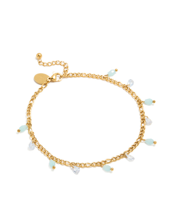 Featuring a waterproof gold plated stainless steel anklet with aqua beaded and cubic zirconia droplet charms front view