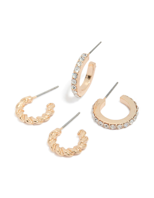 Showcasing gold twisted and diamante hoop earrings in a 2-pack with front view