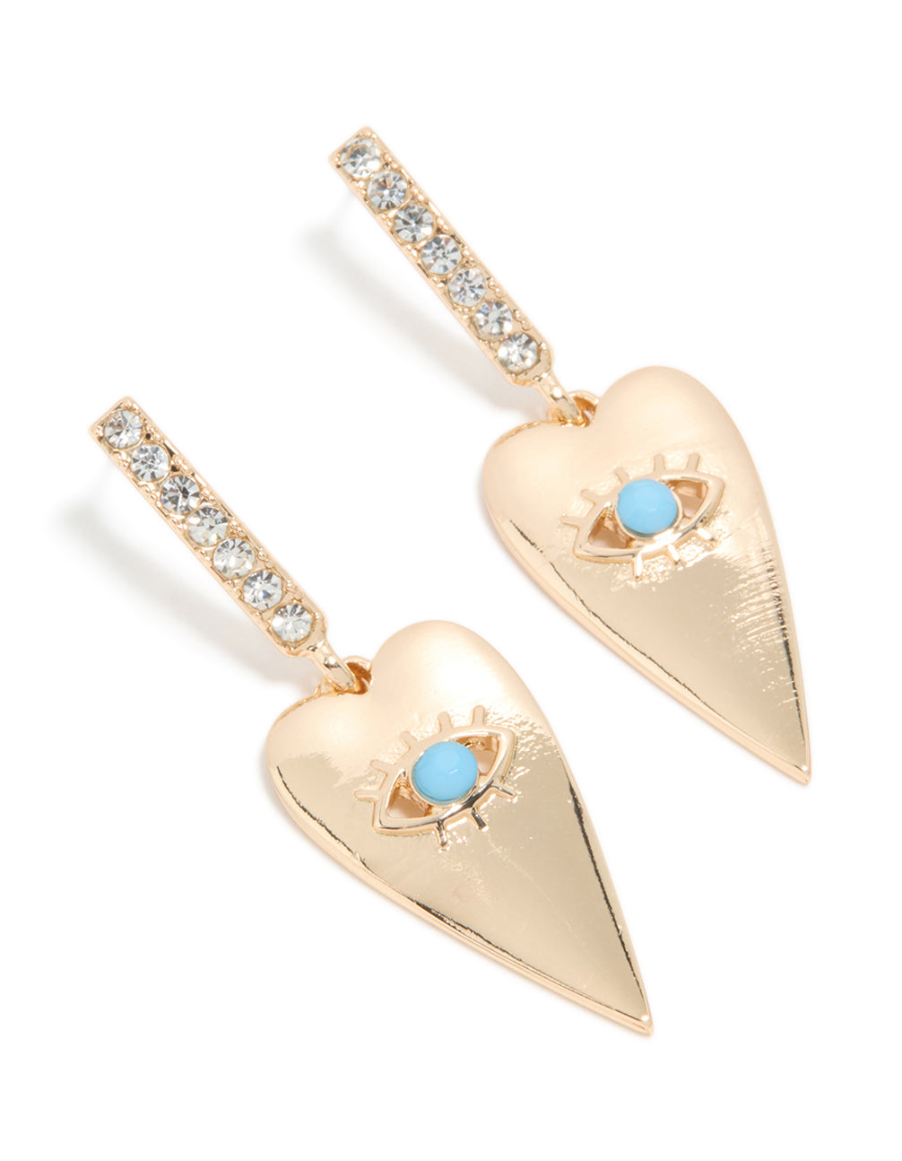 Discover these gold huggie earrings featuring heart with blue evil eye detailing and diamante embellishments front view