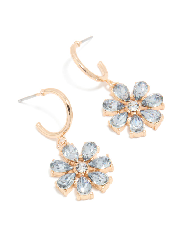 Showcasing gold blue diamante flower hoop earrings in light blue and silver front view