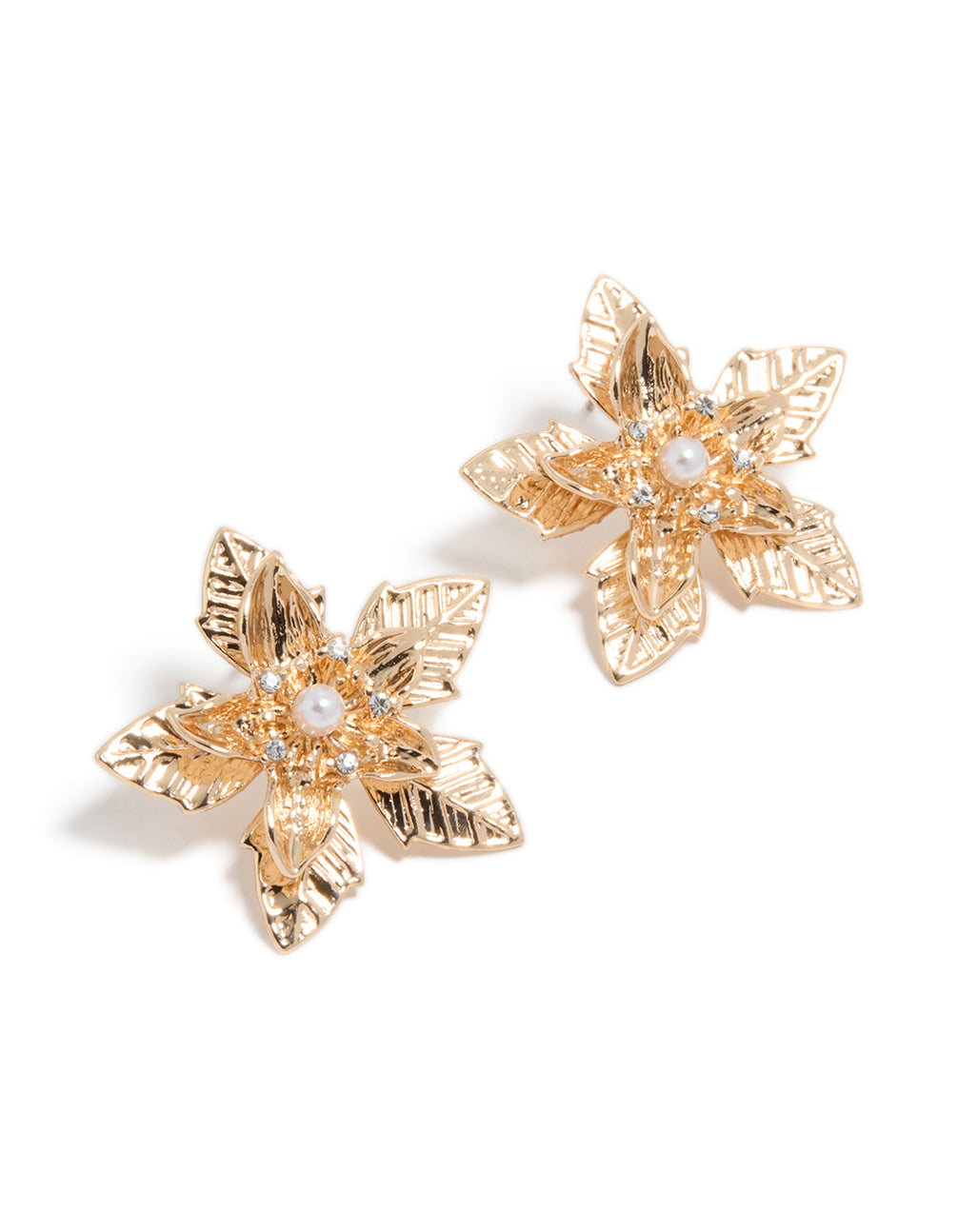 Dainty gold textured flower stud earrings featuring floral with pearl accents front view