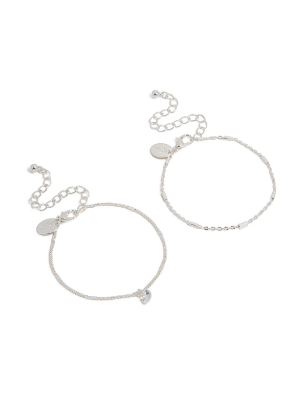 Elegant silver cubic zirconia drop and chain bracelets in 2-pack front view
